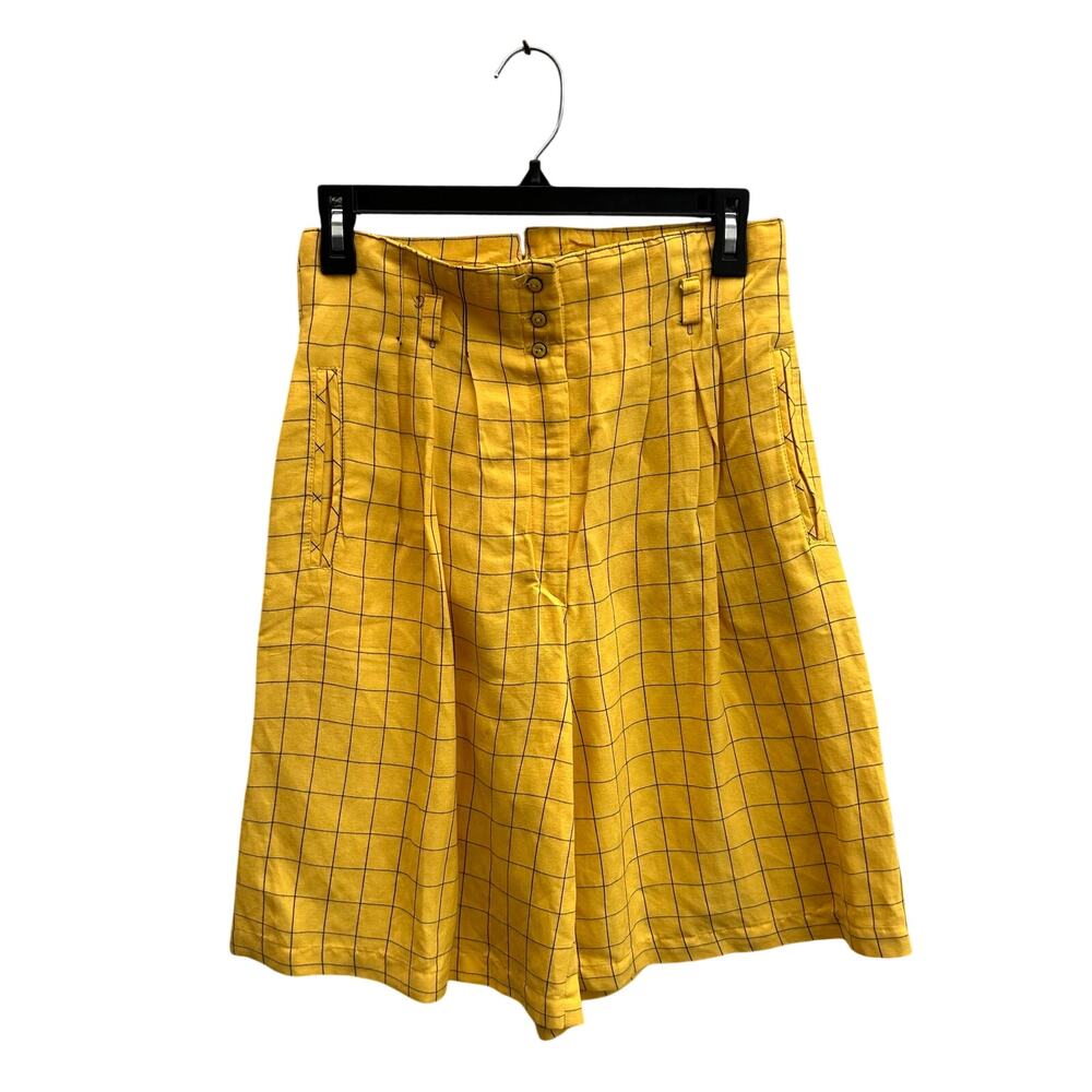 Vintage Yellow Windowpane Plaid Bermuda Shorts Cotton Linen Size 8